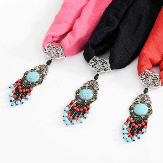 Ethnic Women Necklace Multifunction Cotton Scarf Bohemian Turquoise Bead Tassel Clothing Accessories