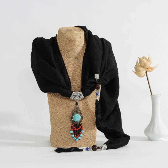 Ethnic Women Necklace Multifunction Cotton Scarf Bohemian Turquoise Bead Tassel Clothing Accessories