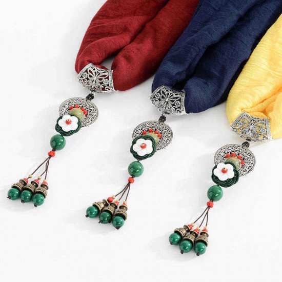 Ethnic Women Necklace Vintage Cotton Scarf Shell Flower Charm Green Beads Tassel Clothing Accessory