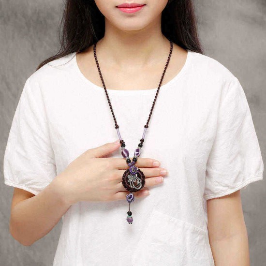 Ethnic Womens Flower Necklace Vintage Purple Ceramic Drop Tassel Pendant Adjustable Necklaces