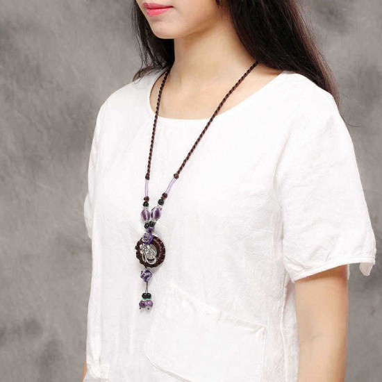 Ethnic Womens Flower Necklace Vintage Purple Ceramic Drop Tassel Pendant Adjustable Necklaces