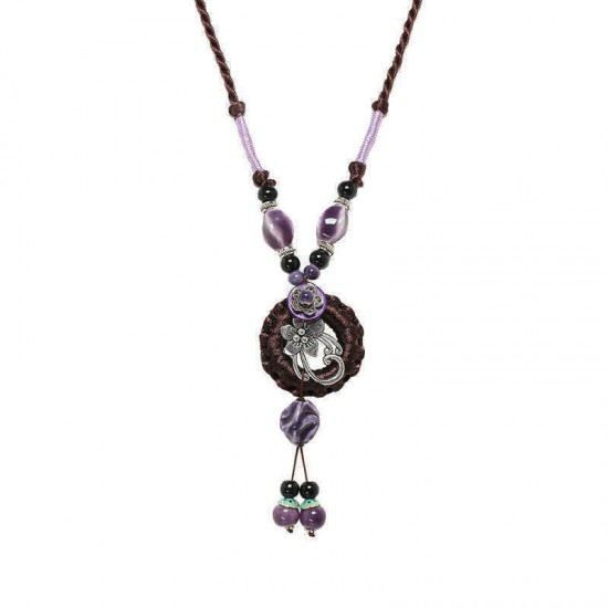 Ethnic Womens Flower Necklace Vintage Purple Ceramic Drop Tassel Pendant Adjustable Necklaces