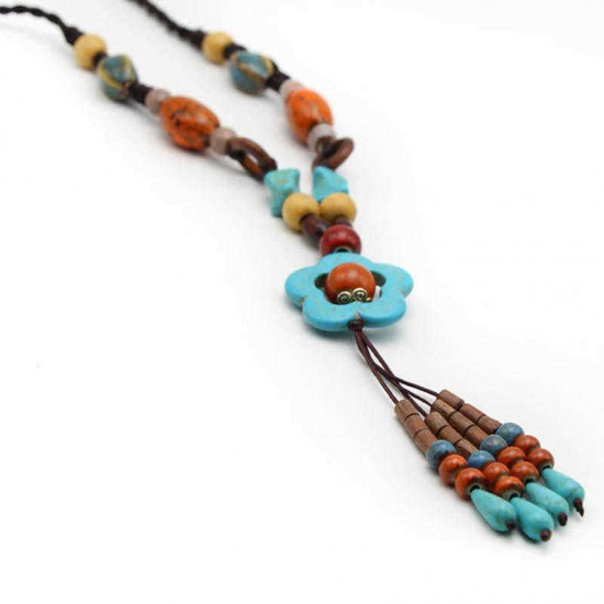 Ethnic Women's Long Necklace Vintage Handmade Ceramic Flower Wood Bead Tassel Necklaces Gift