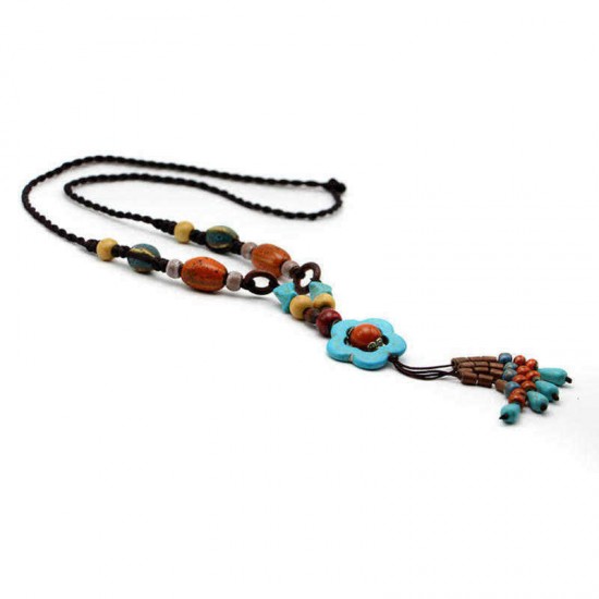 Ethnic Women's Long Necklace Vintage Handmade Ceramic Flower Wood Bead Tassel Necklaces Gift