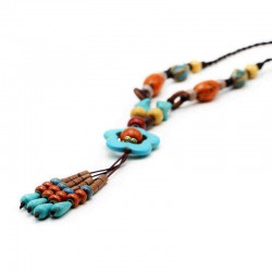 Ethnic Women's Long Necklace Vintage Handmade Ceramic Flower Wood Bead Tassel Necklaces Gift