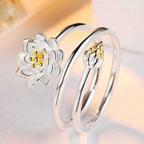 Ethnic Womens Silver Plated Ring Lotus Charm Solid Flower Stackable Adjustable Open-end Ring