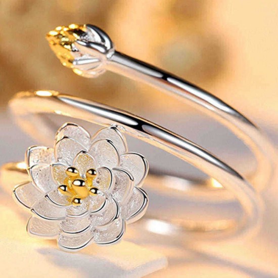 Ethnic Womens Silver Plated Ring Lotus Charm Solid Flower Stackable Adjustable Open-end Ring