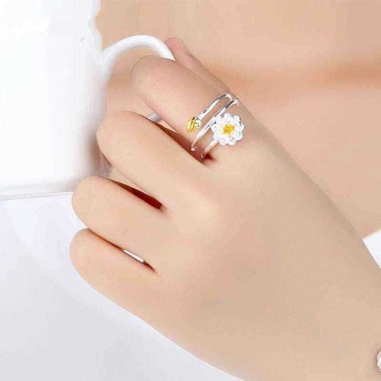 Ethnic Womens Silver Plated Ring Lotus Charm Solid Flower Stackable Adjustable Open-end Ring