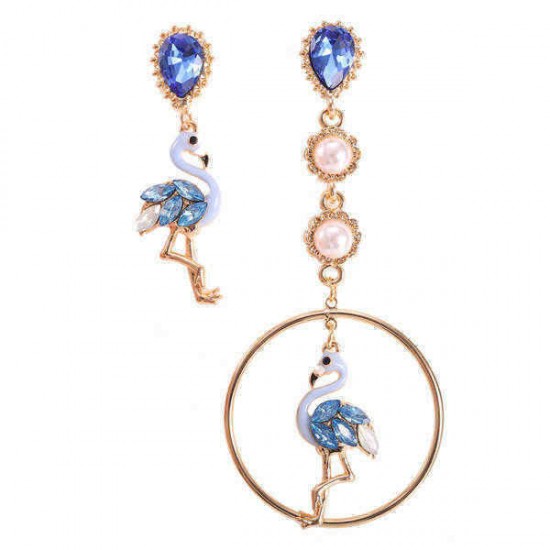 Fashion Asymmetry Blue Pink Flamingo Dangle Earrings Crystal Drop Pearl Earring Gift for Women