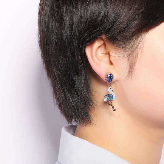 Fashion Asymmetry Blue Pink Flamingo Dangle Earrings Crystal Drop Pearl Earring Gift for Women