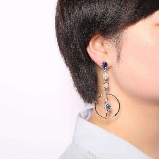 Fashion Asymmetry Blue Pink Flamingo Dangle Earrings Crystal Drop Pearl Earring Gift for Women