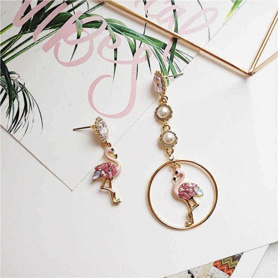 Fashion Asymmetry Blue Pink Flamingo Dangle Earrings Crystal Drop Pearl Earring Gift for Women