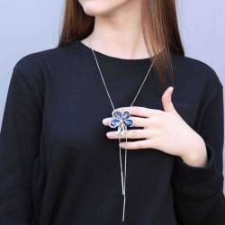 Fashion Blue Crystal Rhinestones Flower Necklace Sweater Chain Statement Necklaces for Women