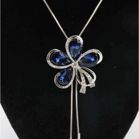 Fashion Blue Crystal Rhinestones Flower Necklace Sweater Chain Statement Necklaces for Women