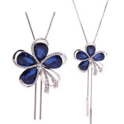 Fashion Blue Crystal Rhinestones Flower Necklace Sweater Chain Statement Necklaces for Women