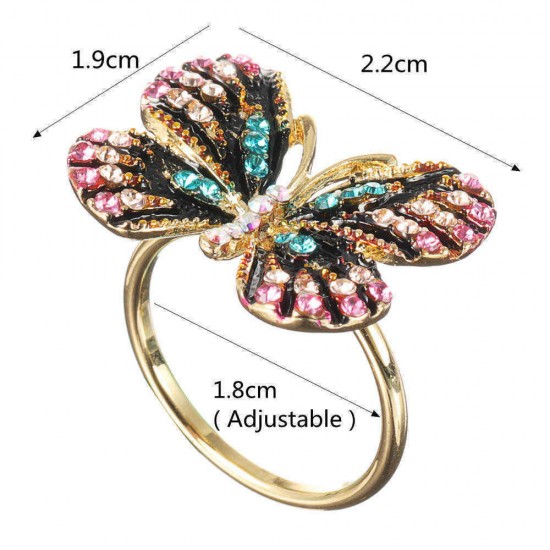 Fashion Colorful Butterfly 18K Gold Ring Luxury Full Rhinestones Opening Adjustable Rings for Women