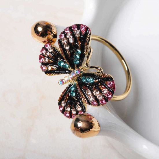 Fashion Colorful Butterfly 18K Gold Ring Luxury Full Rhinestones Opening Adjustable Rings for Women