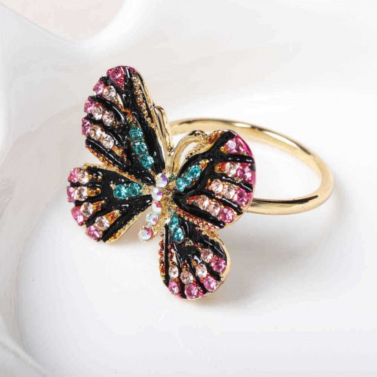 Fashion Colorful Butterfly 18K Gold Ring Luxury Full Rhinestones Opening Adjustable Rings for Women