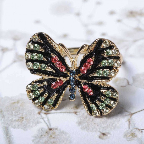 Fashion Colorful Butterfly 18K Gold Ring Luxury Full Rhinestones Opening Adjustable Rings for Women