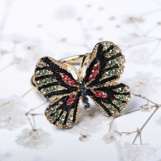 Fashion Colorful Butterfly 18K Gold Ring Luxury Full Rhinestones Opening Adjustable Rings for Women