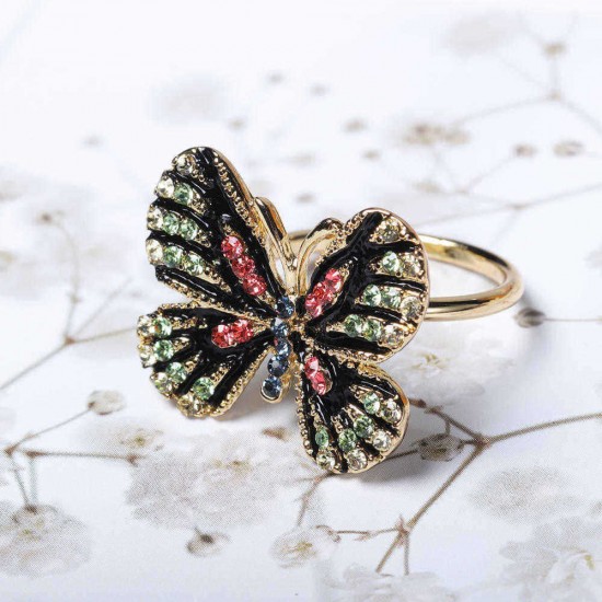 Fashion Colorful Butterfly 18K Gold Ring Luxury Full Rhinestones Opening Adjustable Rings for Women