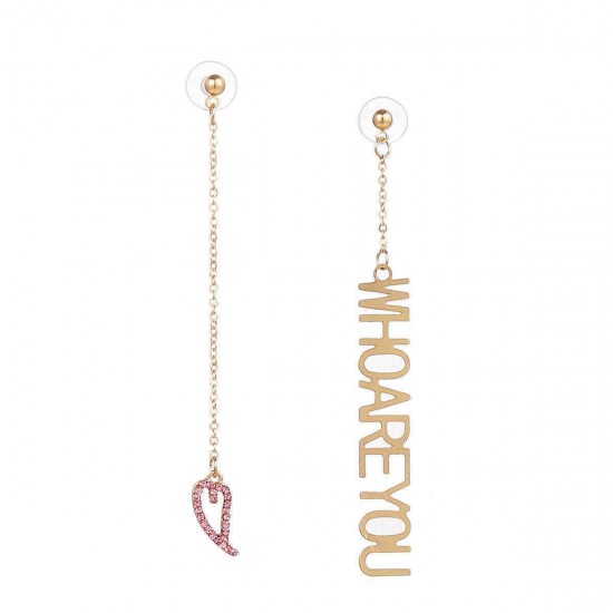 Fashion Gold Color Words Pendant Ear Drop Pink Rhinestone Heart Dangle Earrings Gift