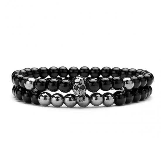 Fashion Men's 6mm Black Onyx Bead Skeleton Skull Head Beaded Bracelet Gift Set