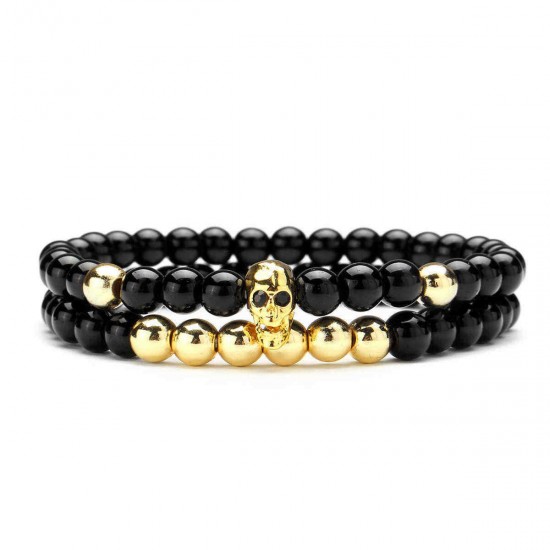 Fashion Men's 6mm Black Onyx Bead Skeleton Skull Head Beaded Bracelet Gift Set