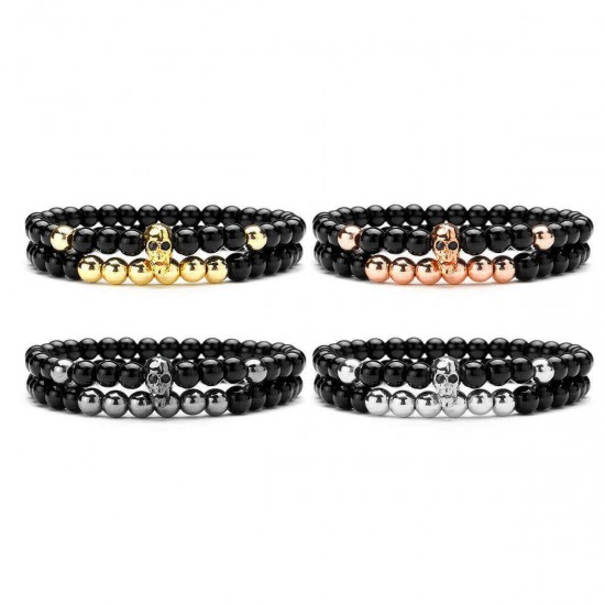 Fashion Men's 6mm Black Onyx Bead Skeleton Skull Head Beaded Bracelet Gift Set