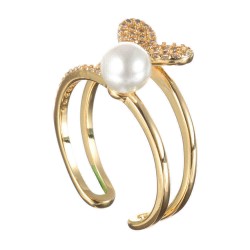 Fashion Open End Ring 18K Gold Plated Zirconia Double Layer Heart Pearl Ring for Women