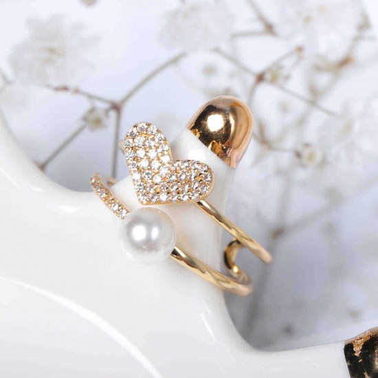 Fashion Open End Ring 18K Gold Plated Zirconia Double Layer Heart Pearl Ring for Women