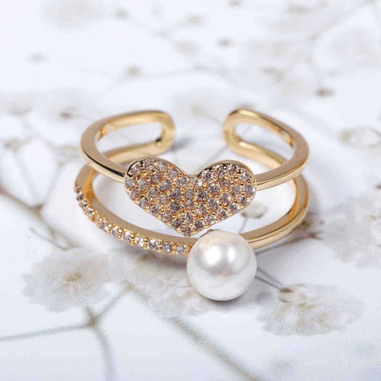 Fashion Open End Ring 18K Gold Plated Zirconia Double Layer Heart Pearl Ring for Women