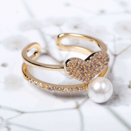 Fashion Open End Ring 18K Gold Plated Zirconia Double Layer Heart Pearl Ring for Women