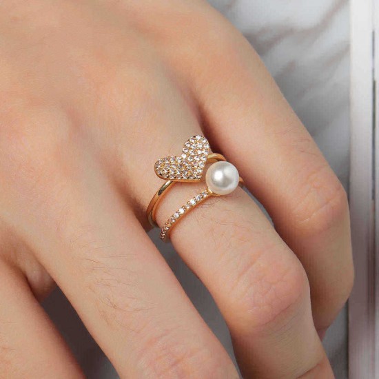 Fashion Open End Ring 18K Gold Plated Zirconia Double Layer Heart Pearl Ring for Women