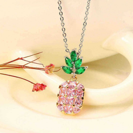 Fashion Shiny Yellow and Pink Zircon Pineapple Pendant Cute Necklace Jewelry for Women