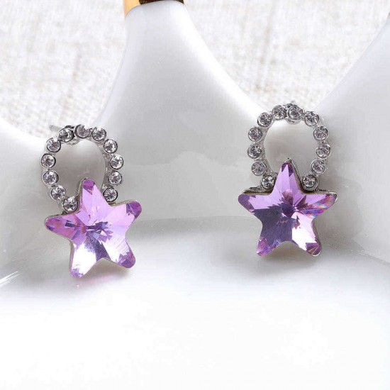 Fashion Silver Earring Blue Purple Colorful Stars Ear Stud Cute Crystal Rhinestones