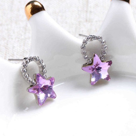 Fashion Silver Earring Blue Purple Colorful Stars Ear Stud Cute Crystal Rhinestones