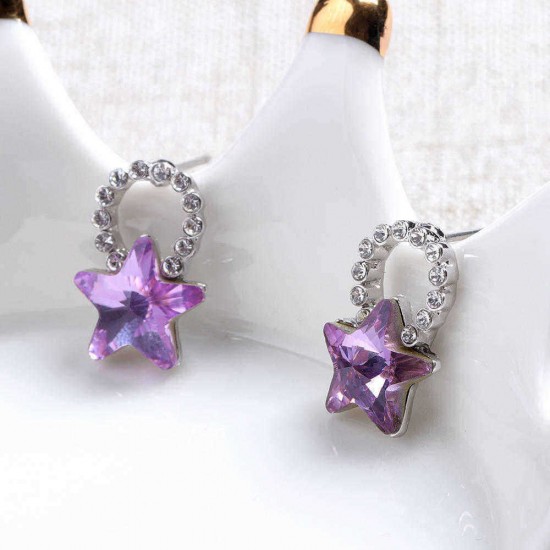 Fashion Silver Earring Blue Purple Colorful Stars Ear Stud Cute Crystal Rhinestones