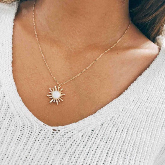 Fashion Silver Gold Sun Flower Pendant Necklace Opal Chain Statement Necklace for Women