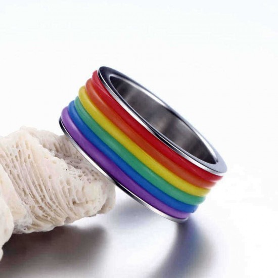 Fashion Stainless Steel Finger Ring Rainbow Silicone Ring for Women Men LGBT Band Unisex Jewelry