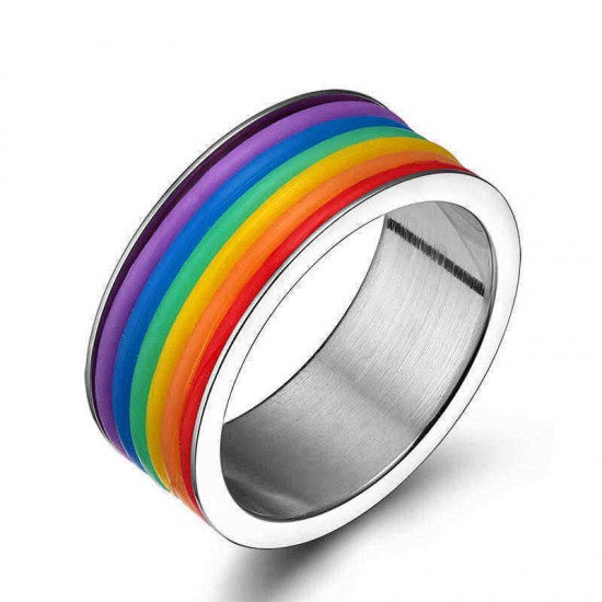 Fashion Stainless Steel Finger Ring Rainbow Silicone Ring for Women Men LGBT Band Unisex Jewelry