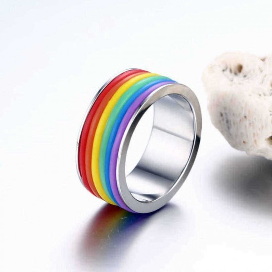 Fashion Stainless Steel Finger Ring Rainbow Silicone Ring for Women Men LGBT Band Unisex Jewelry