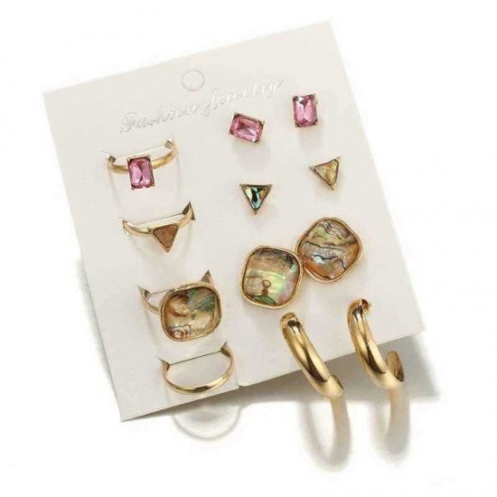 Fashion Style Pink Gemstone Earring Ring Set 4 Pair Color Grain Ear Stud 4 Pcs Rings Jewelry Set