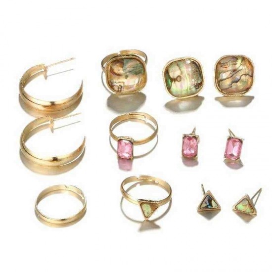 Fashion Style Pink Gemstone Earring Ring Set 4 Pair Color Grain Ear Stud 4 Pcs Rings Jewelry Set