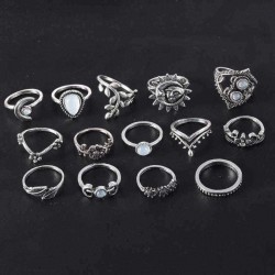 Fashion Sunflower Moon Sun Rings Set 14 Pieces Rhinestone Ring Kit For Women