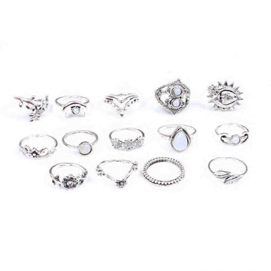 Fashion Sunflower Moon Sun Rings Set 14 Pieces Rhinestone Ring Kit For Women