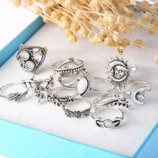 Fashion Sunflower Moon Sun Rings Set 14 Pieces Rhinestone Ring Kit For Women