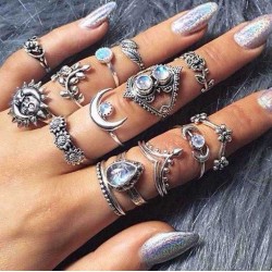 Fashion Sunflower Moon Sun Rings Set 14 Pieces Rhinestone Ring Kit For Women