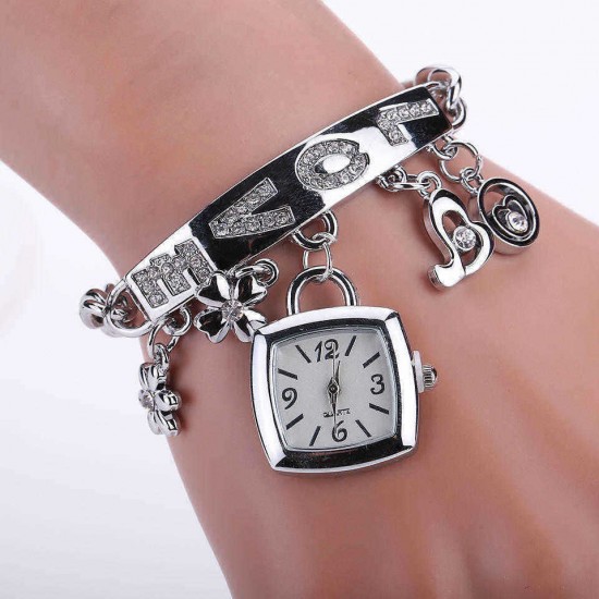 Fashion Women's Alloy Bracelet Watch with Diamond LOVE Quartz Bracelet Watch