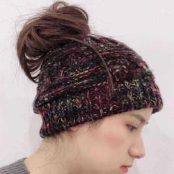 Female Warm Knitted Hat Striped Colorful Ponytail Headband Woolen Cap
